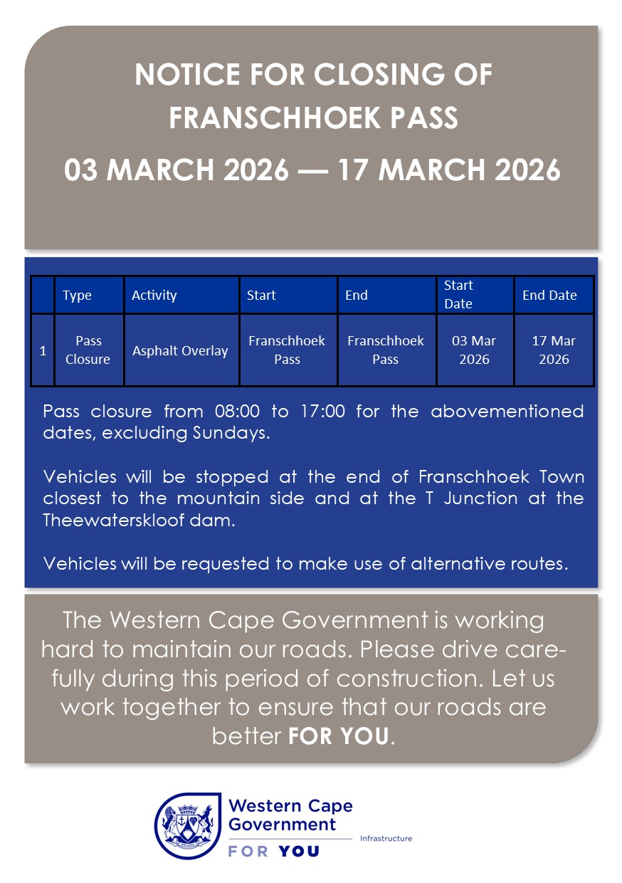 Franschooek Pass closure 3 March 2026 to 17 March 2026