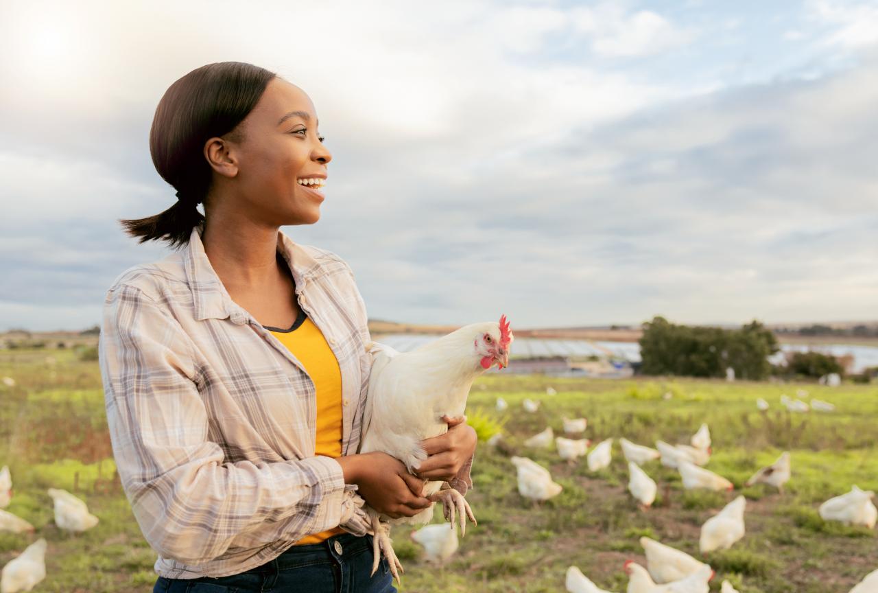 Happy black woman in chicken farm 