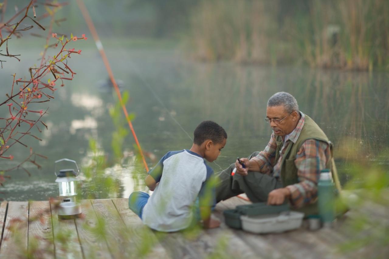 Grandfather and grandson fishing