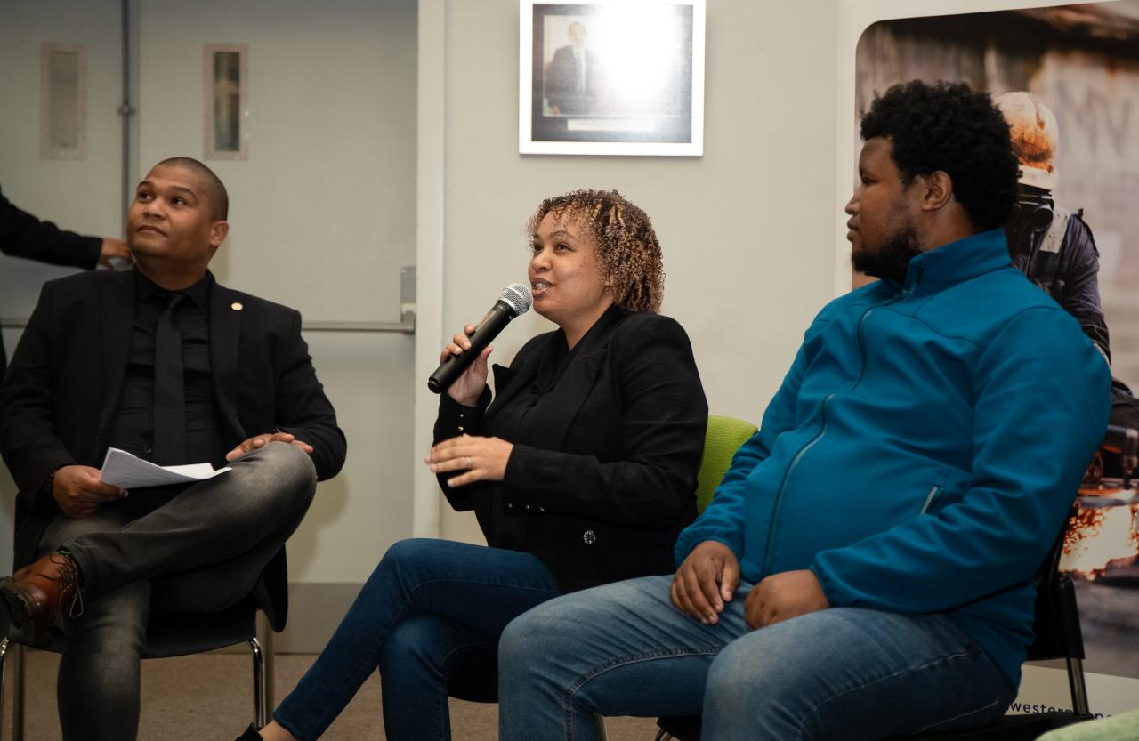 Panel discussion with facilitator, Clint Higgins, Deputy Director: ED (Pictured left), Nicole Plaatjies, Kirmic Shoes and Sethu Klaas, Contract Guard AI