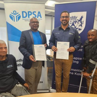 DPSA Provincial Treasurer, Redewaan Ederies, DPSA Provincial Chairperson, Bongani Yamba, Provincial Minister of Infrastructure, Tertuis Simmers, and DPSA Programme Manager, Nyameko Mpulu.