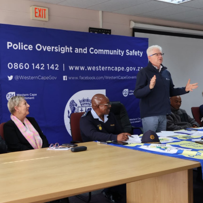L-R - Brig Brian Muller, Minister Anroux Marais, Maj Gnl Michael Jojo, Premier Alan Winde, Abie Isaacs, Mark Shaw